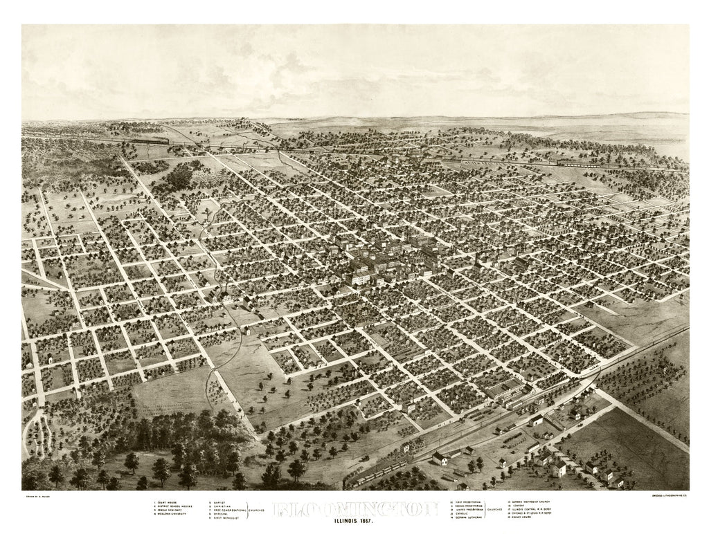 Vintage Map of Bloomington, Illinois 1867