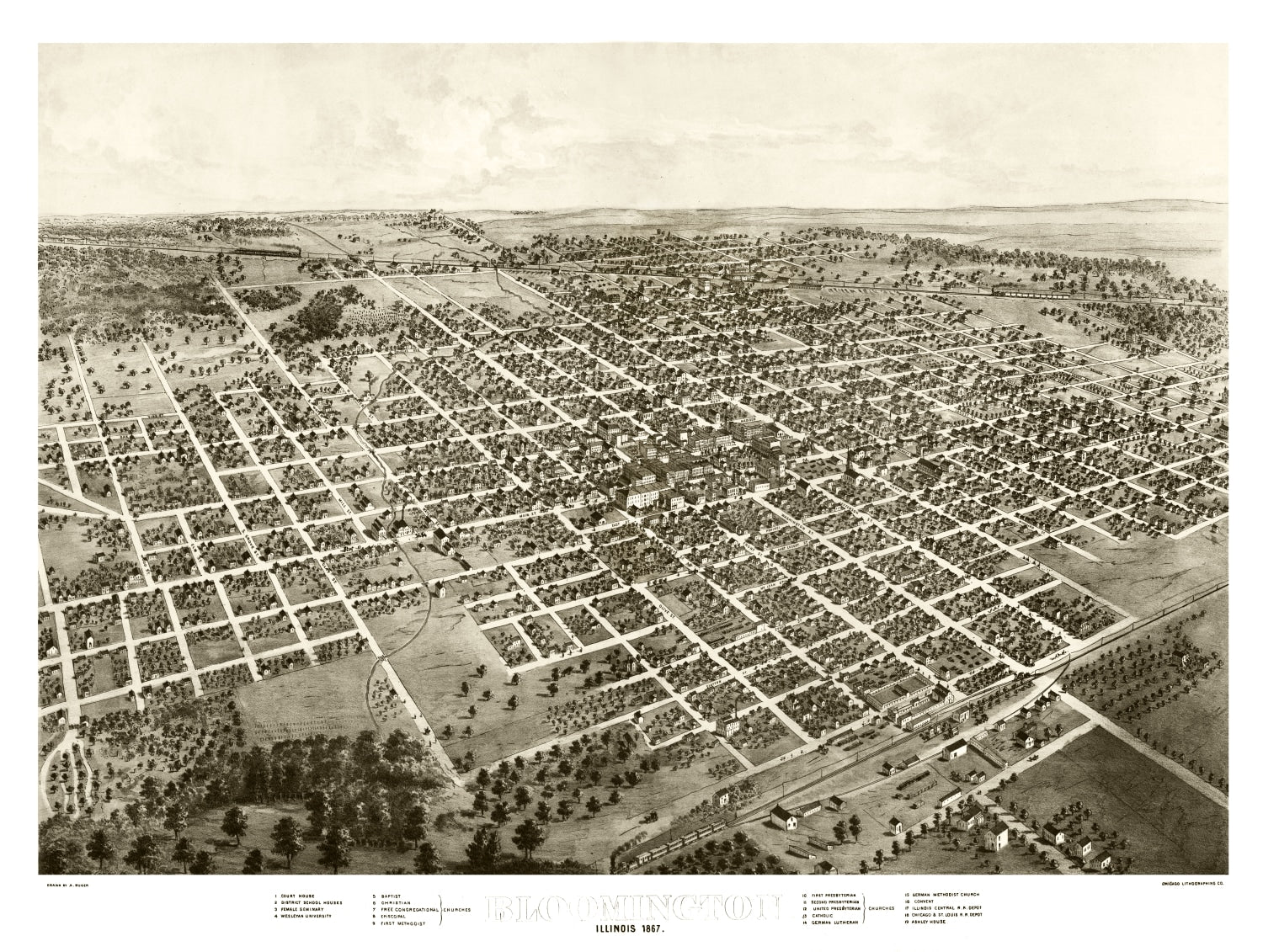 Vintage Map of Bloomington, Illinois 1867