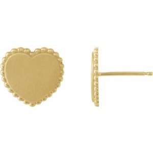 10K Yellow Gold Engravable Beaded Heart Earring