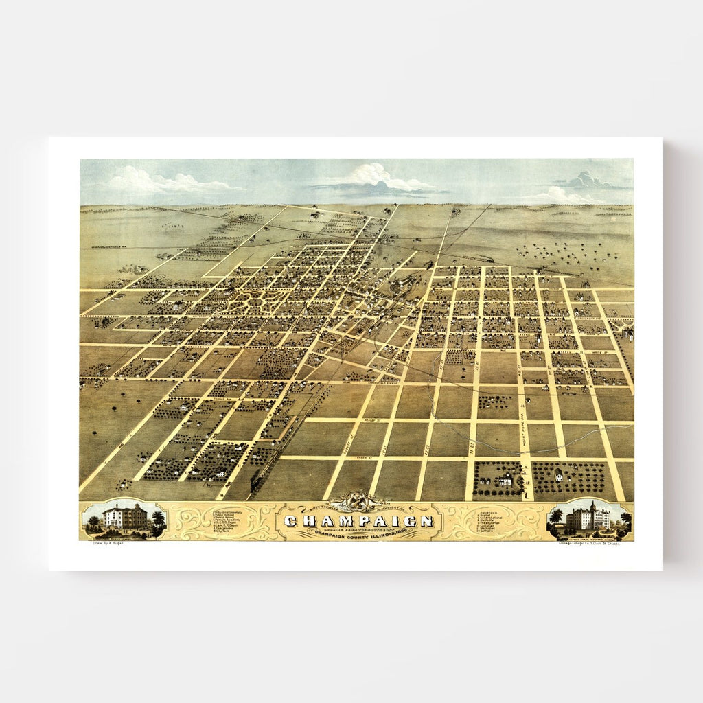 Vintage Map of Champaign, Illinois 1869