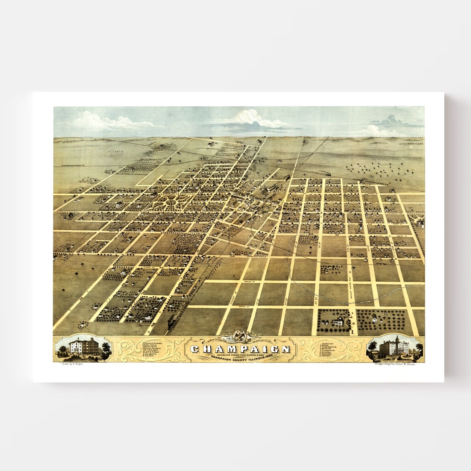 Vintage Map of Champaign, Illinois 1869