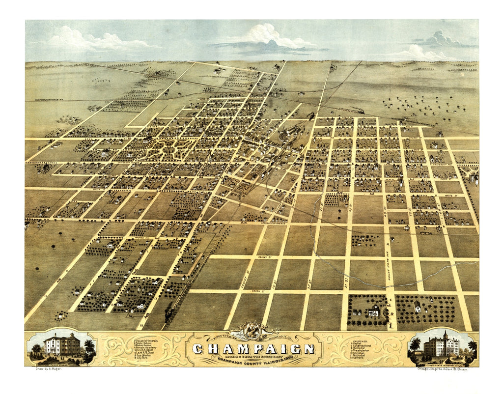 Vintage Map of Champaign, Illinois 1869