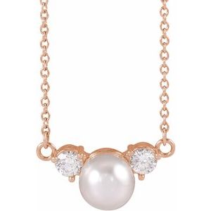 14K Rose Gold Cultured White Akoya Pearl & 1/5 CTW Lab-Grown Diamond 18" Necklace