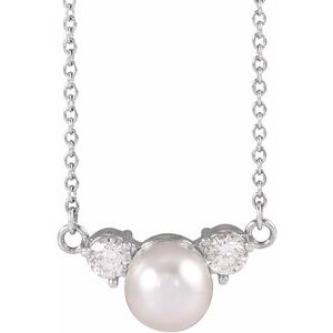 Sterling Silver Cultured White Akoya Pearl & 1/5 CTW Natural Diamond 18" Necklace