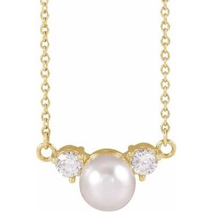 14K Yellow Gold Cultured White Akoya Pearl & 1/5 CTW Natural Diamond 18" Necklace