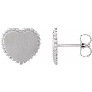 14K White Gold Engravable Beaded Heart Earrings