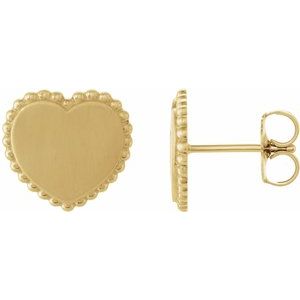 14K Yellow Gold Engravable Beaded Heart Earrings
