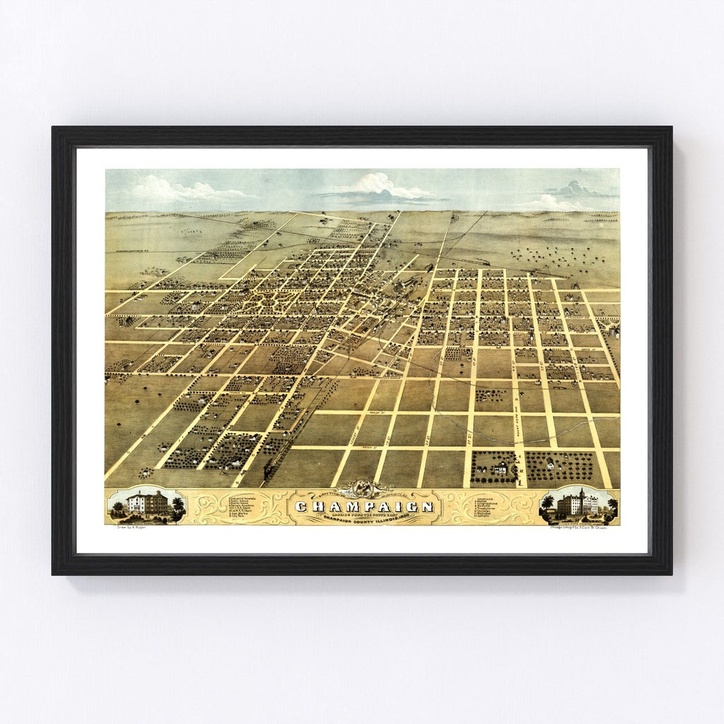 Vintage Map of Champaign, Illinois 1869