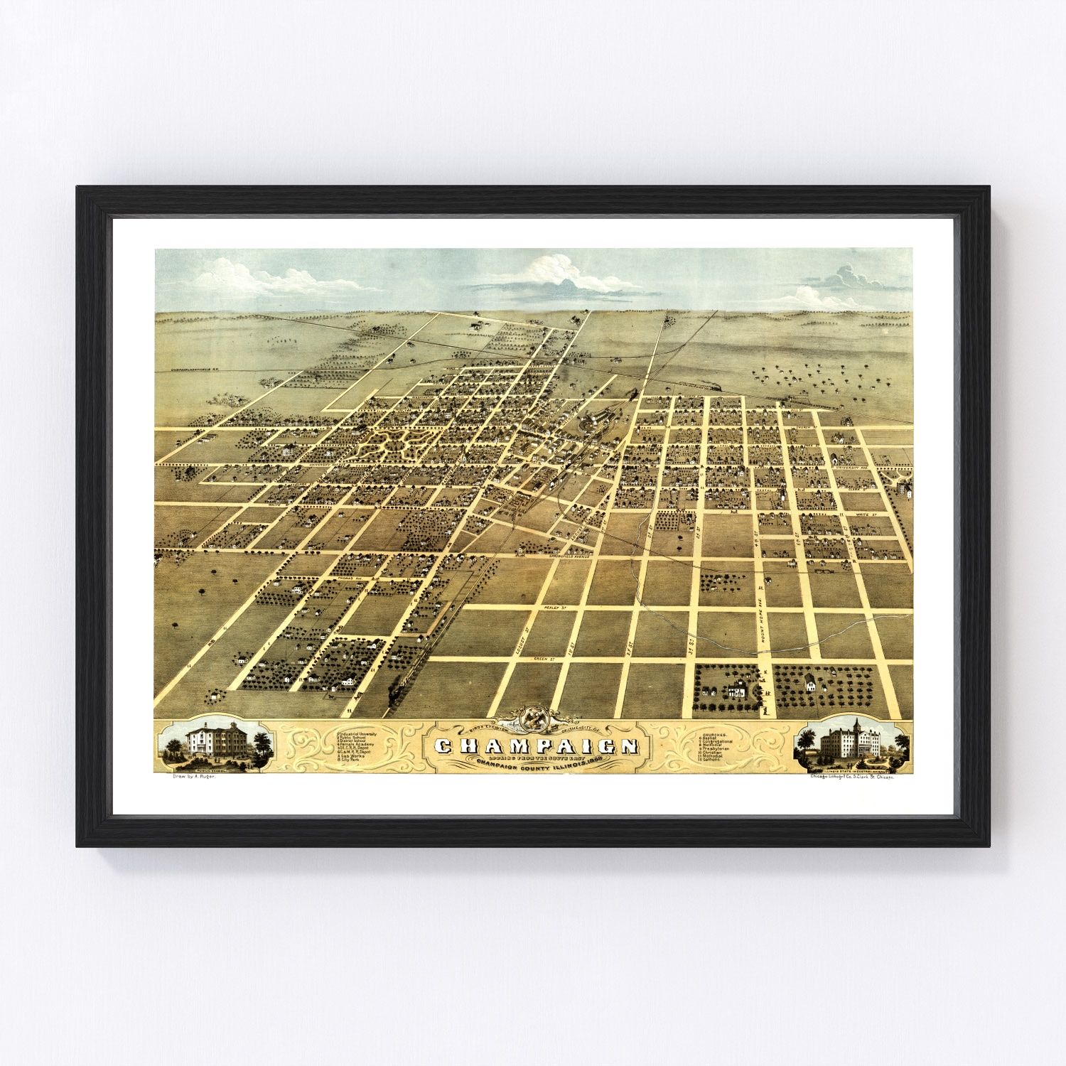 Vintage Map of Champaign, Illinois 1869