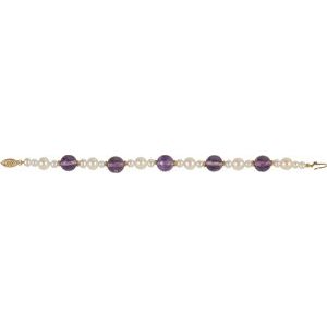 14K Yellow Gold Natural Amethyst & Cultured White Freshwater Pearl 7 1/2" Bracelet – image 2