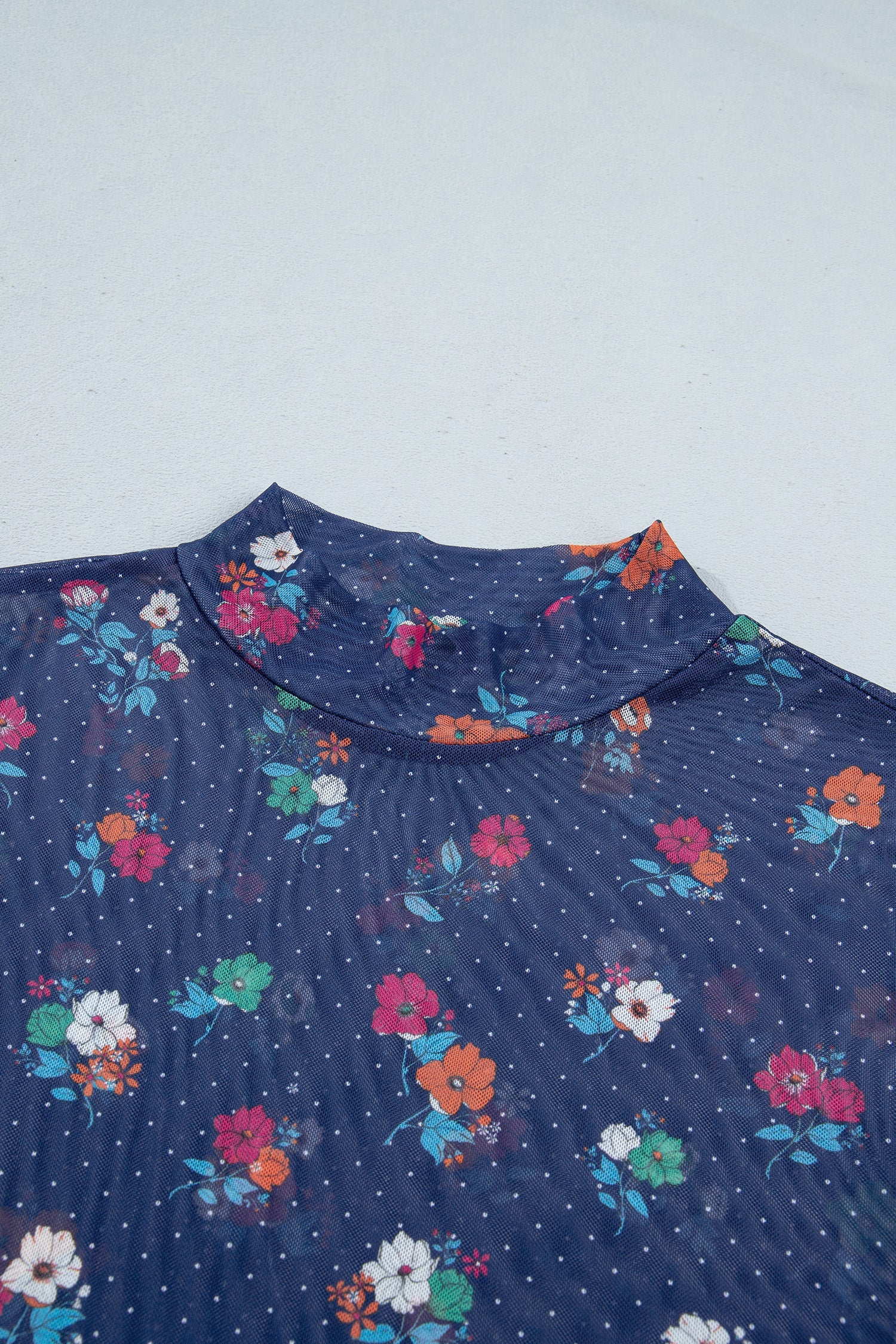 Polka Dot Floral Mesh Lettuce Trim Long Sleeve Top