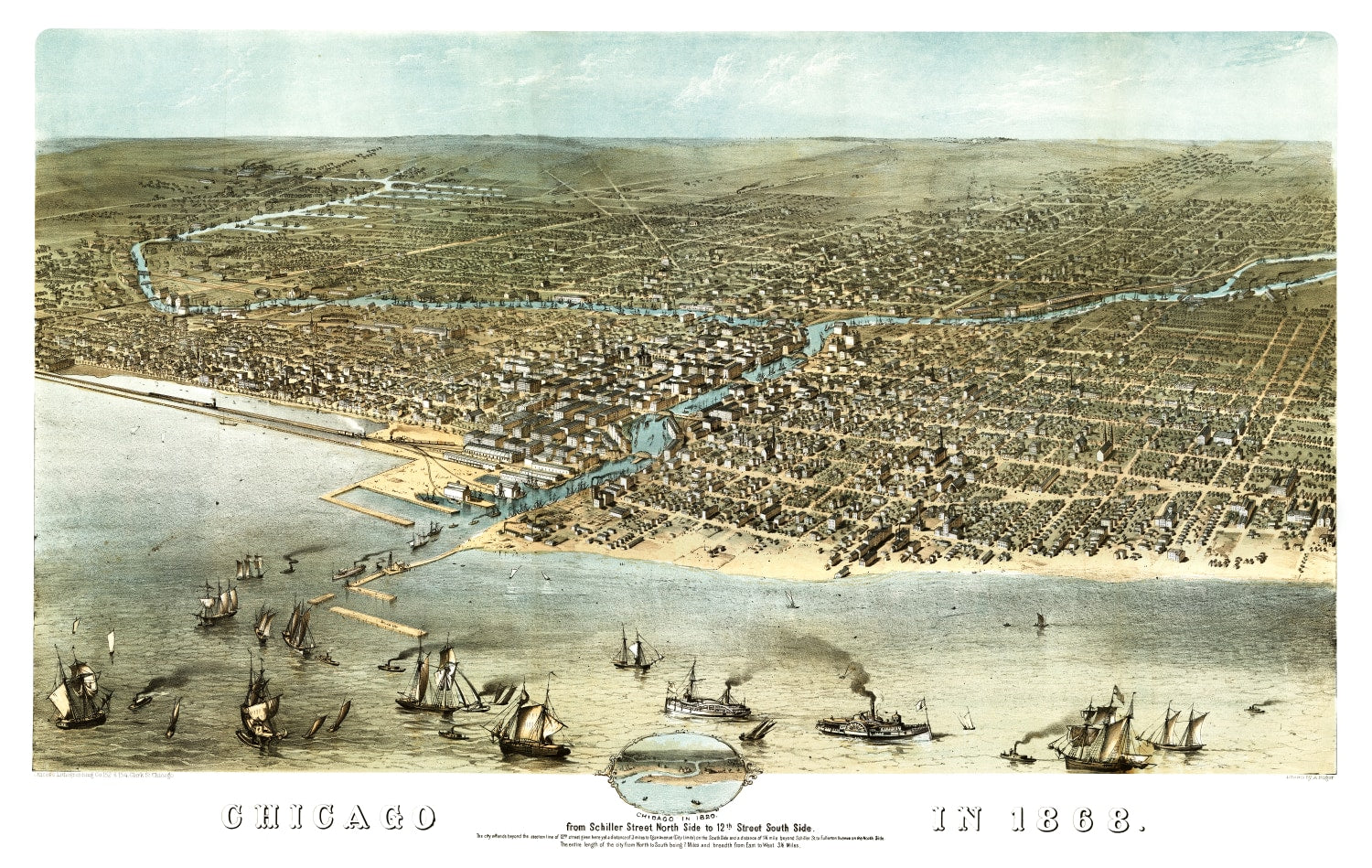 Vintage Map of Chicago, Illinois 1868