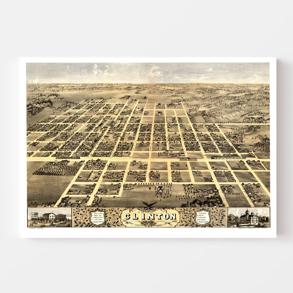 Vintage Map of Clinton, Illinois 1869