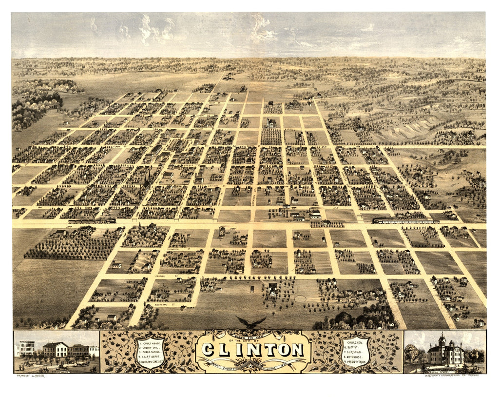 Vintage Map of Clinton, Illinois 1869