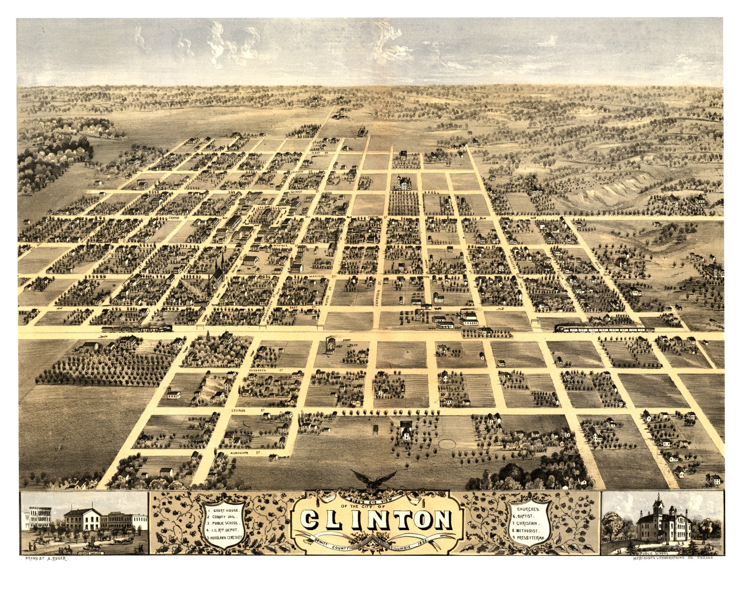 Vintage Map of Clinton, Illinois 1869
