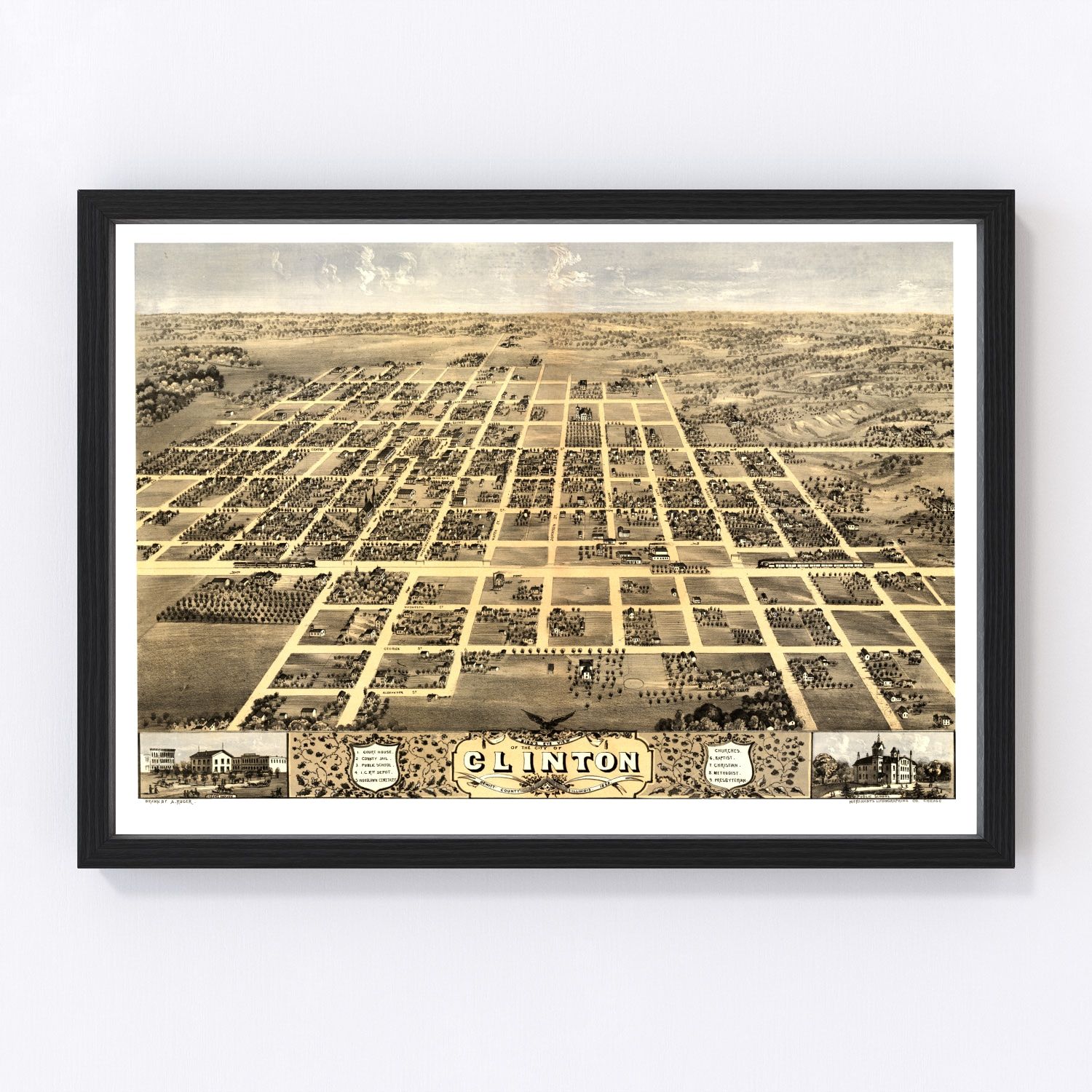 Vintage Map of Clinton, Illinois 1869