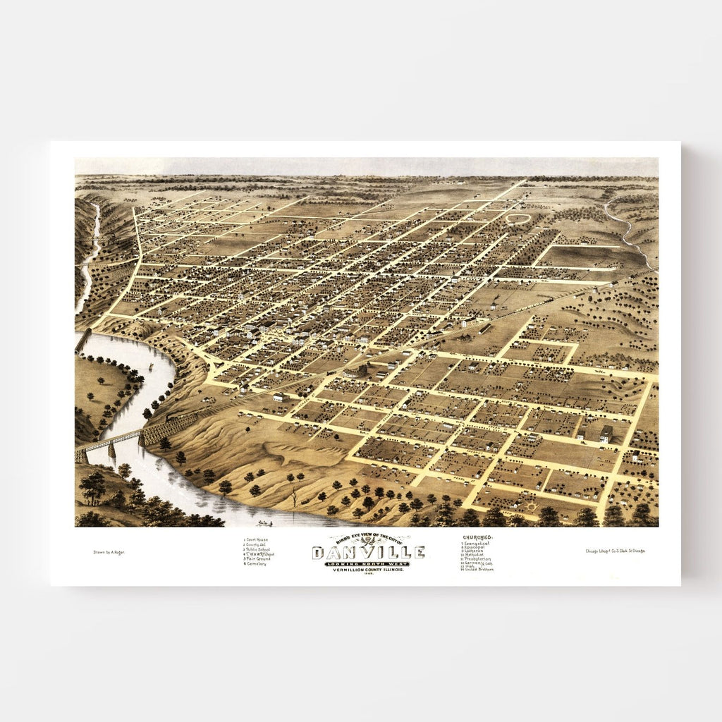 Vintage Map of Danville, Illinois 1869
