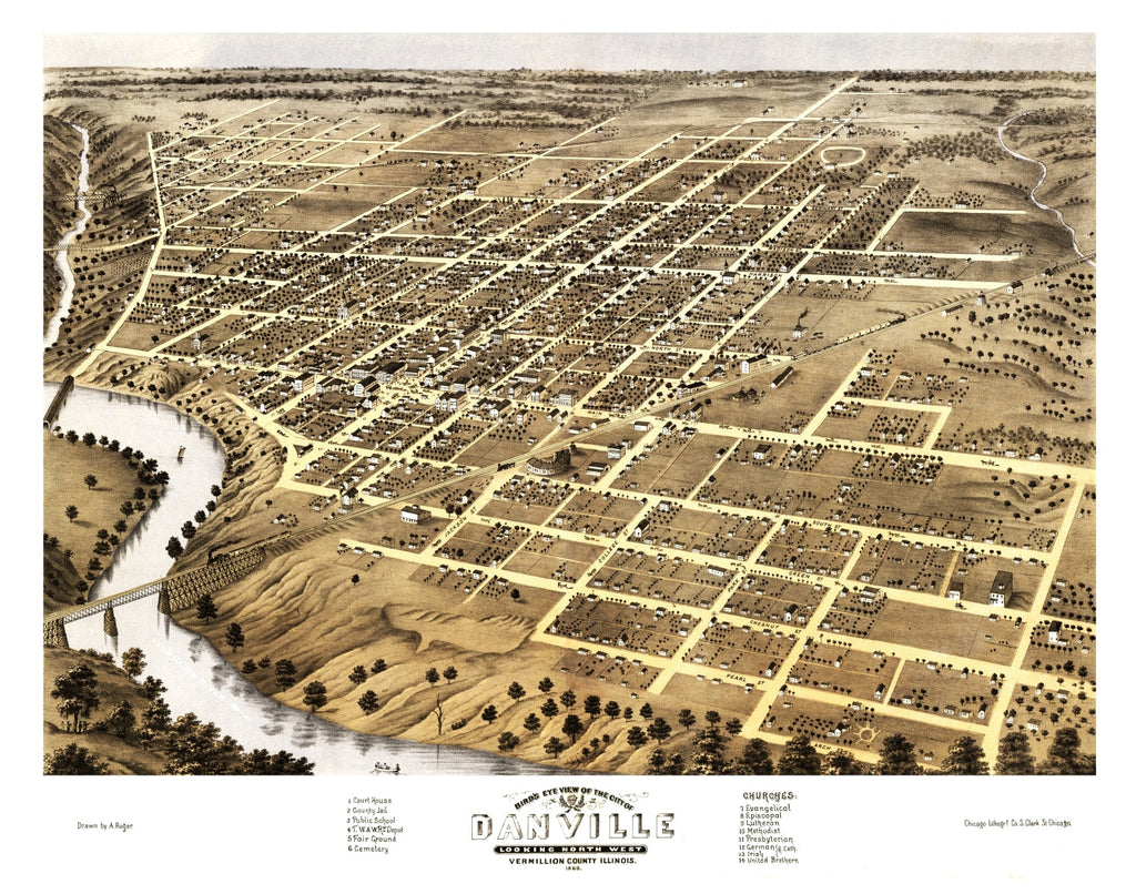 Vintage Map of Danville, Illinois 1869