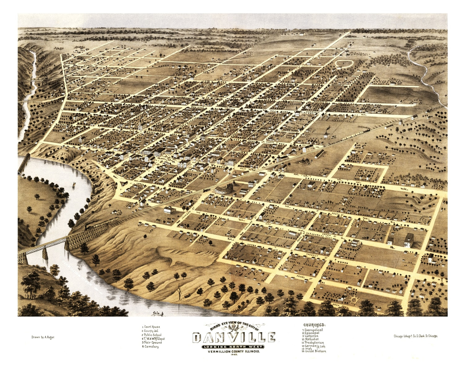 Vintage Map of Danville, Illinois 1869