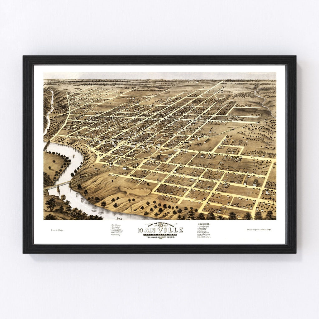 Vintage Map of Danville, Illinois 1869
