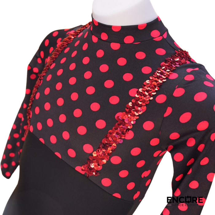 Red Polka Dot Mock Neck Unitard with Sequin Suspenders