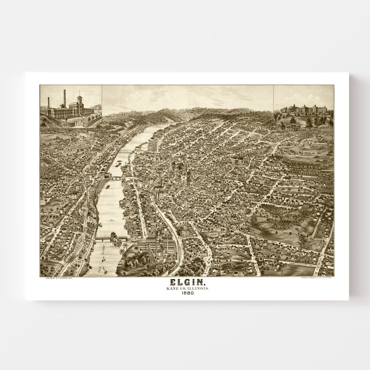 Vintage Map of Elgin, Illinois 1880