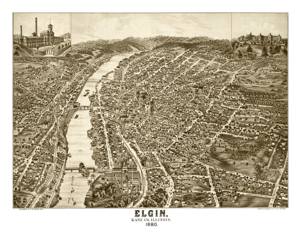 Vintage Map of Elgin, Illinois 1880