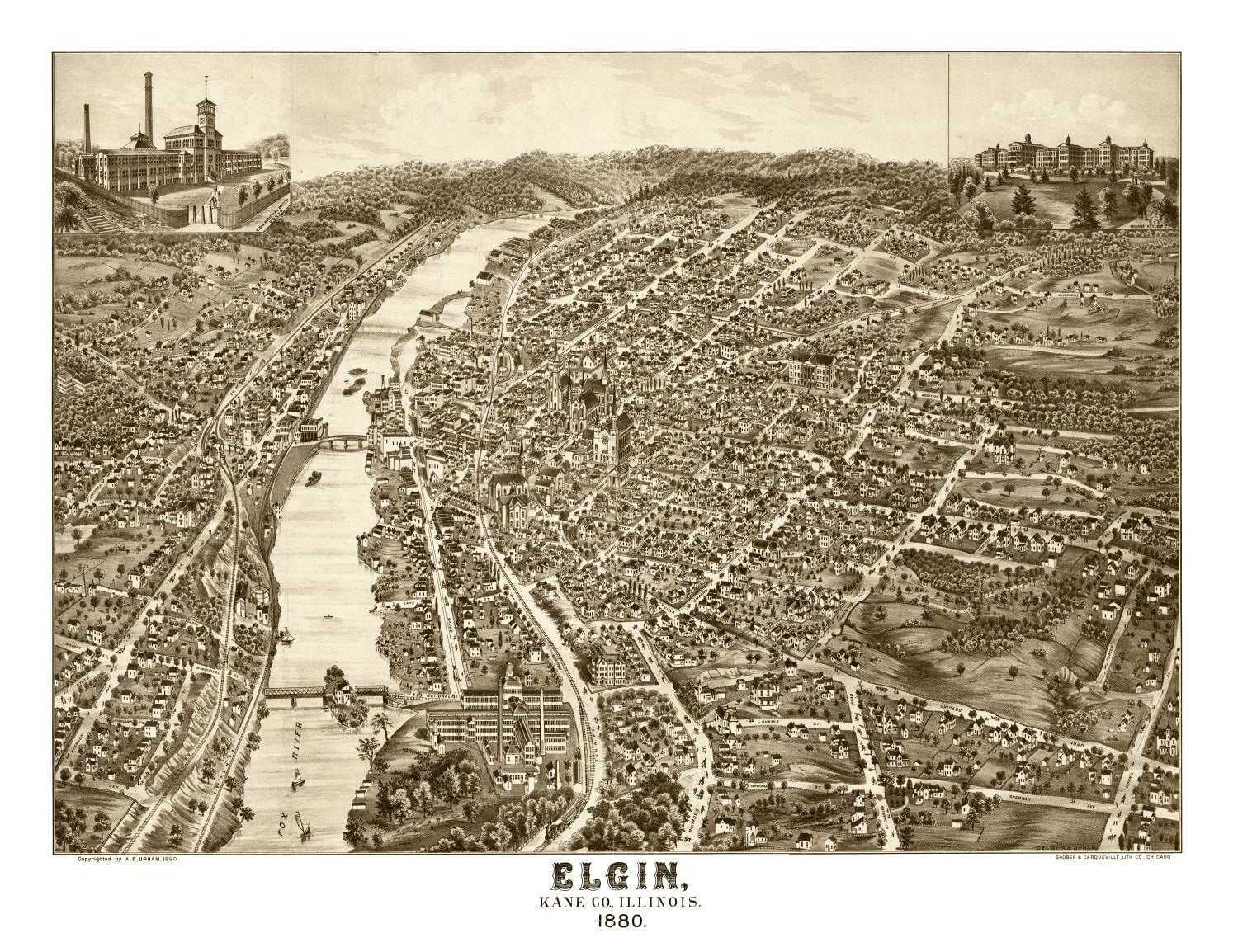 Vintage Map of Elgin, Illinois 1880