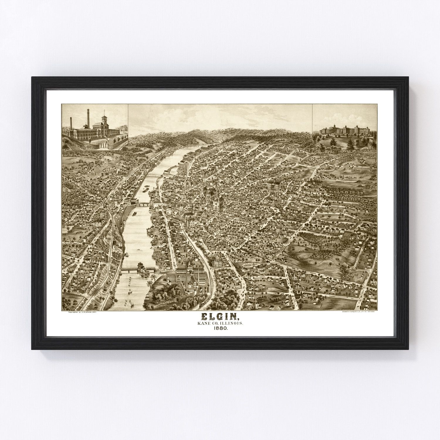 Vintage Map of Elgin, Illinois 1880