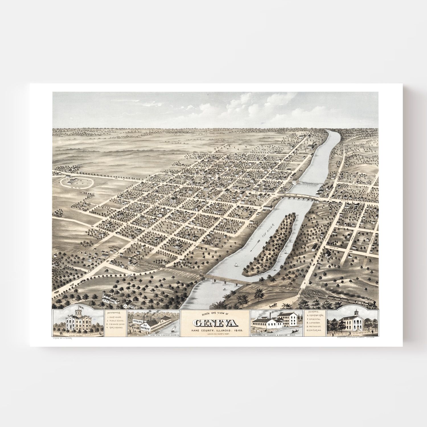 Vintage Map of Geneva, Illinois 1869