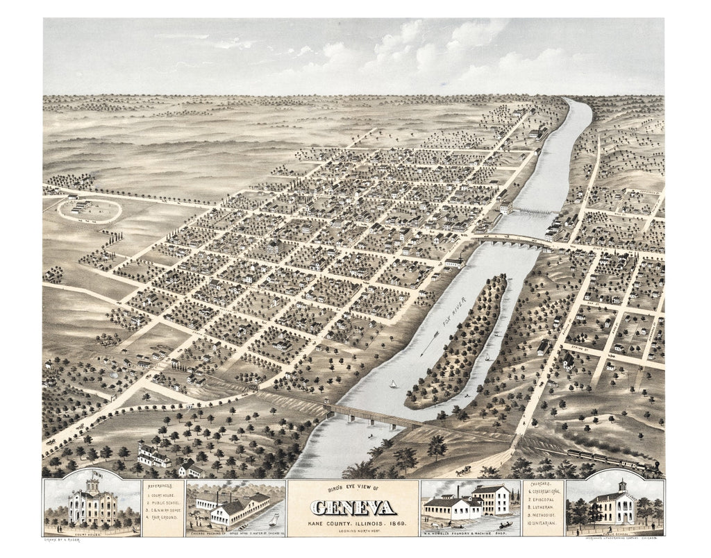 Vintage Map of Geneva, Illinois 1869