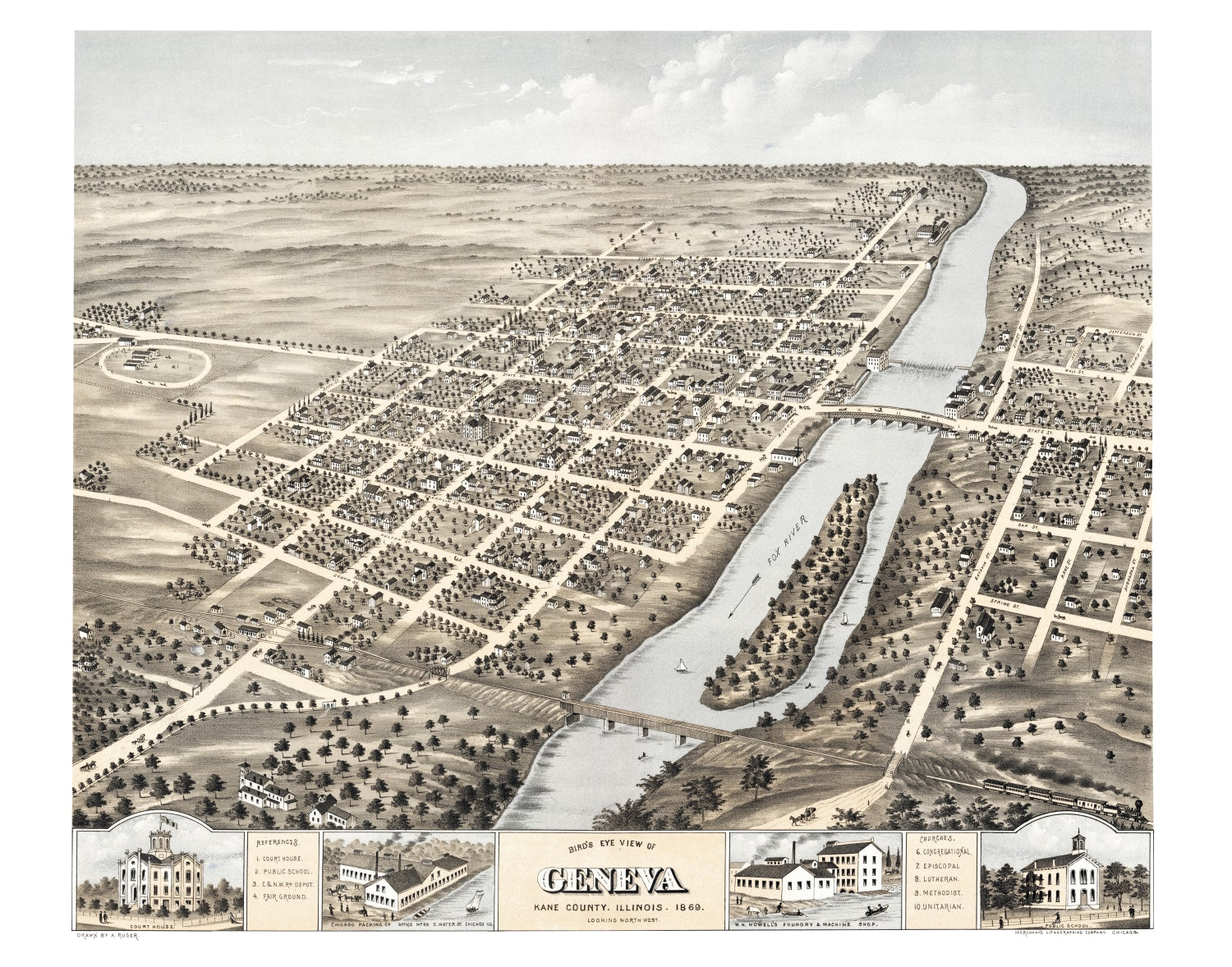 Vintage Map of Geneva, Illinois 1869