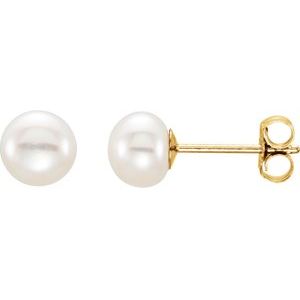 14K Yellow Gold 5-6 mm Cultured White Freshwater Button Pearl Earrings