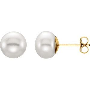 14K Yellow Gold 7-8 mm Cultured White Freshwater Button Pearl Earrings