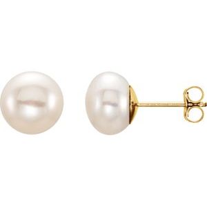 14K Yellow Gold 8-9 mm Cultured White Freshwater Button Pearl Earrings