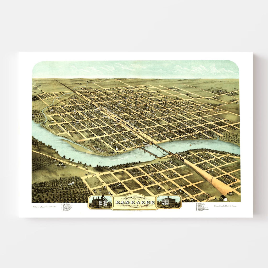 Vintage Map of Kankakee, Illinois 1869