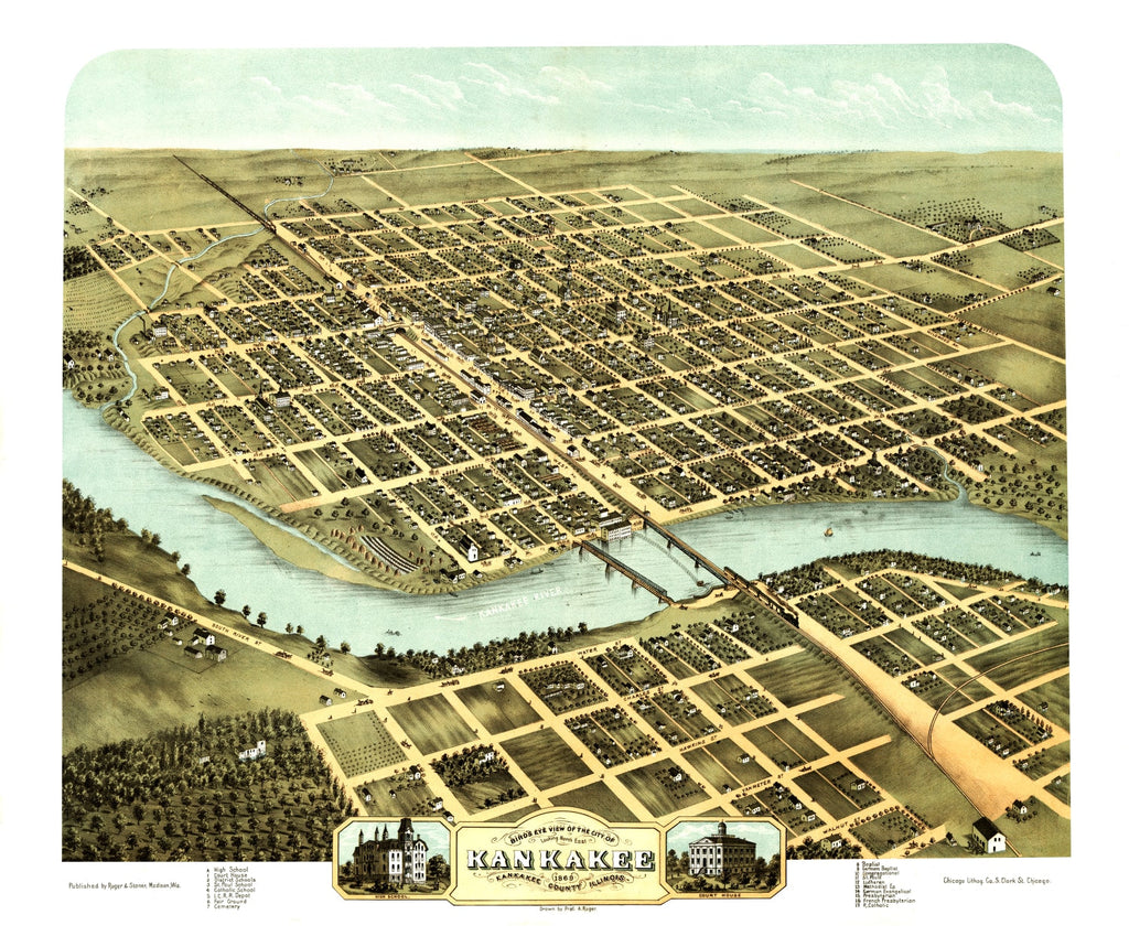 Vintage Map of Kankakee, Illinois 1869