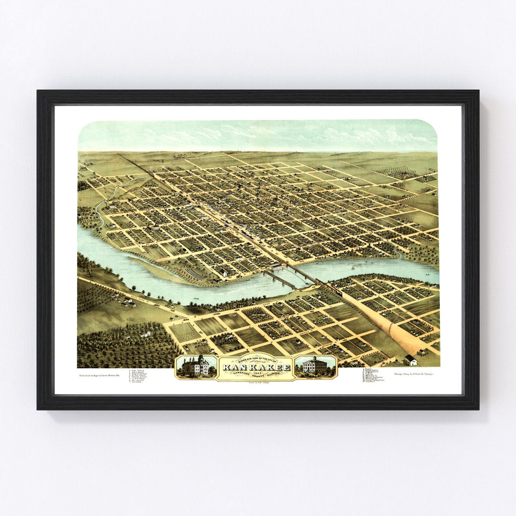 Vintage Map of Kankakee, Illinois 1869
