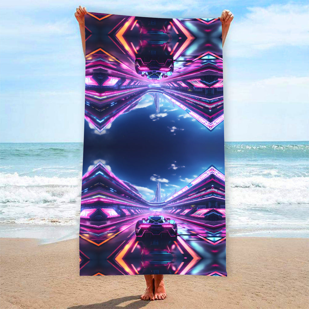Boy's Futuristic Neon Race Cars Beach Towel | Printed in USA