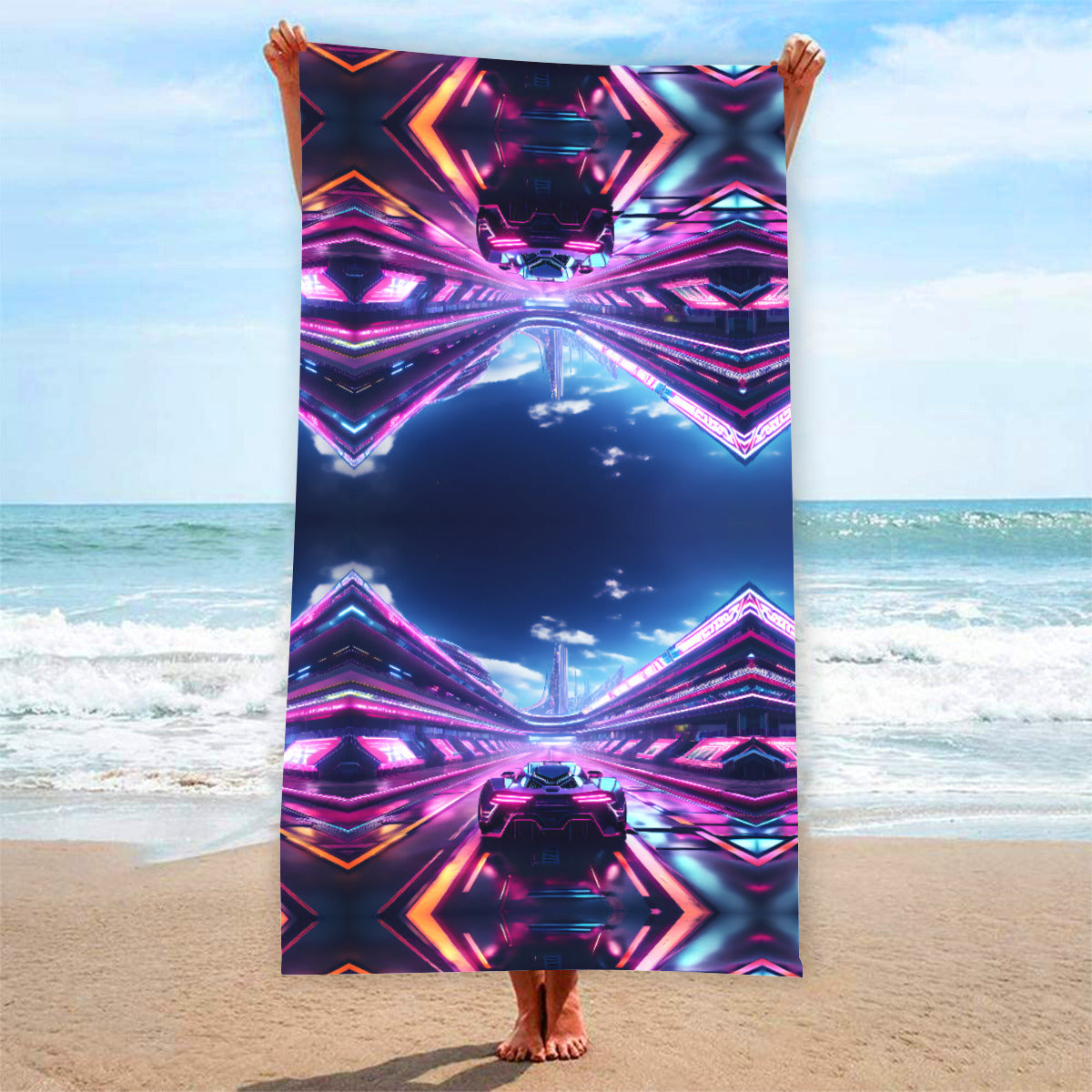 Boy's Futuristic Neon Race Cars Beach Towel | Printed in USA