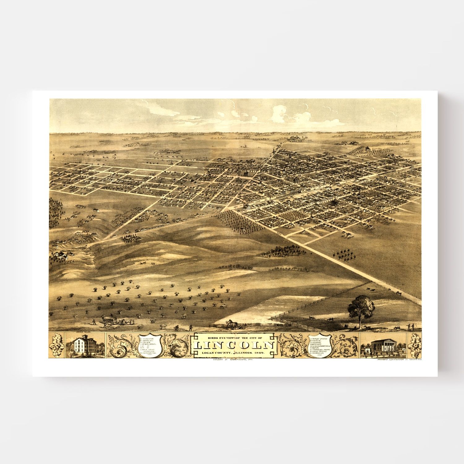 Vintage Map of Lincoln, Illinois 1869