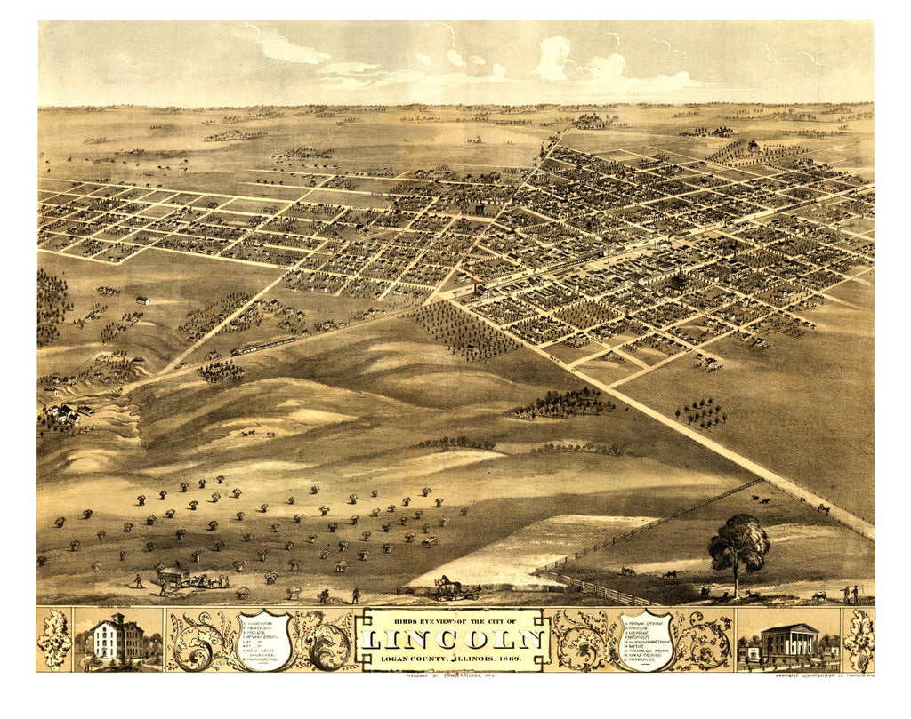 Vintage Map of Lincoln, Illinois 1869