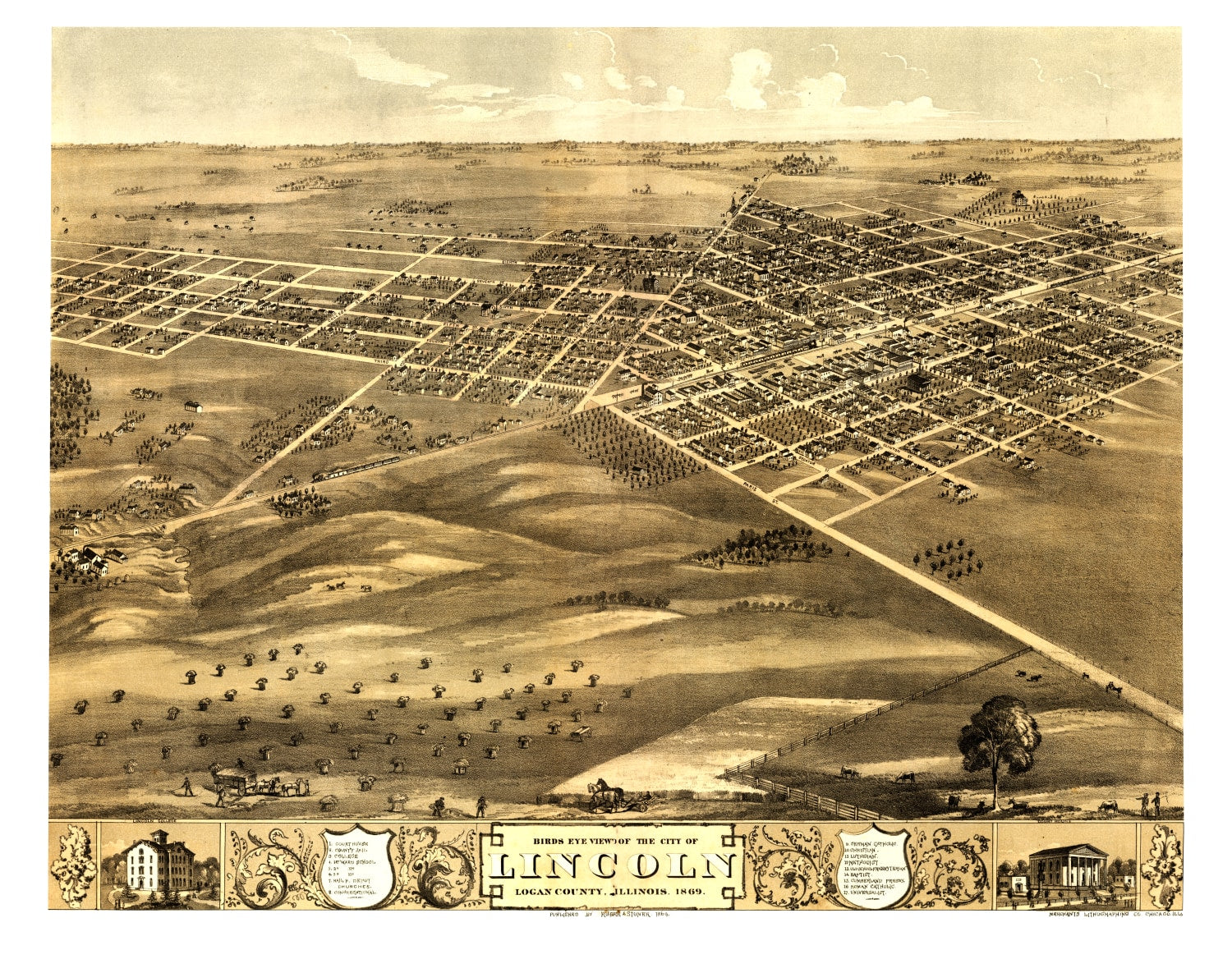 Vintage Map of Lincoln, Illinois 1869