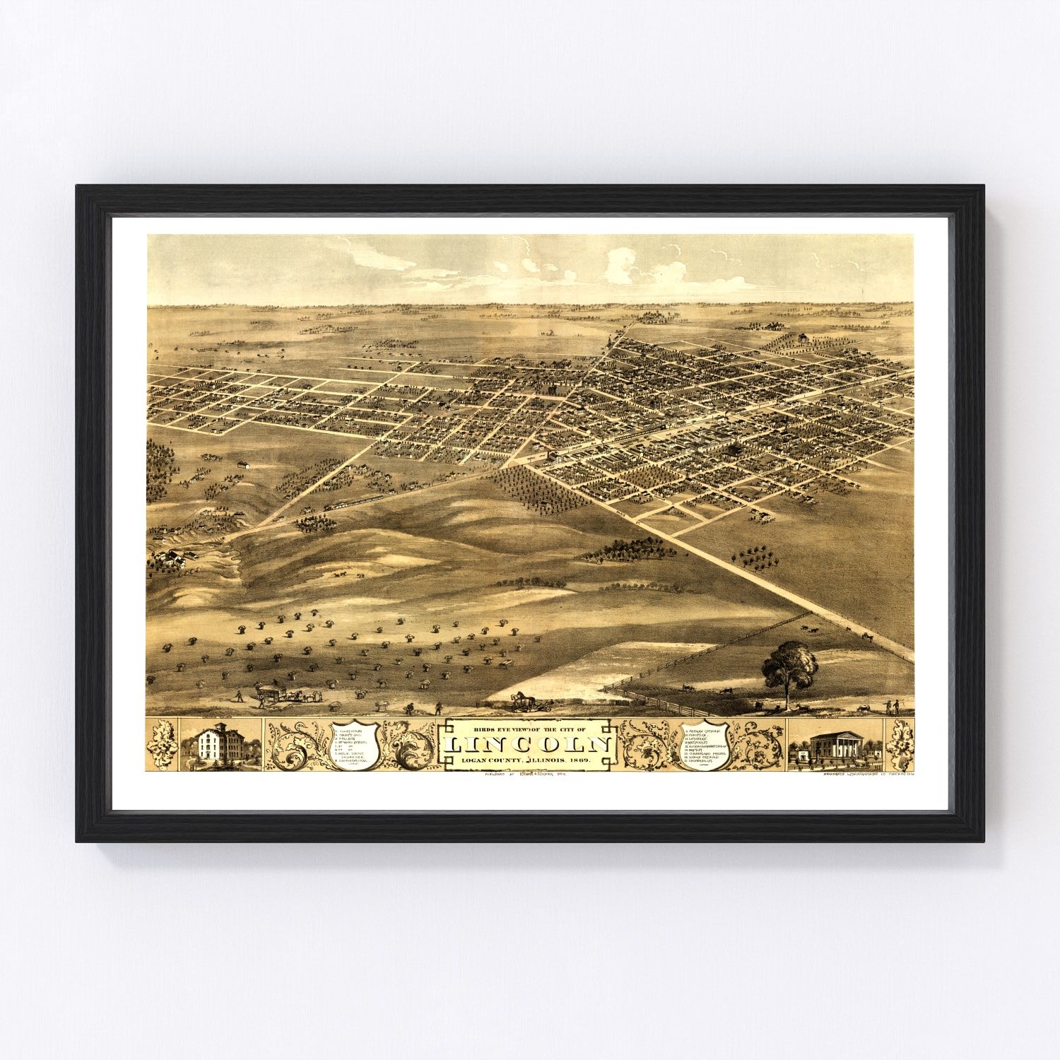 Vintage Map of Lincoln, Illinois 1869