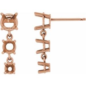 14K Rose Gold Round Three-Stone Graduated Dangle Earring Mounting