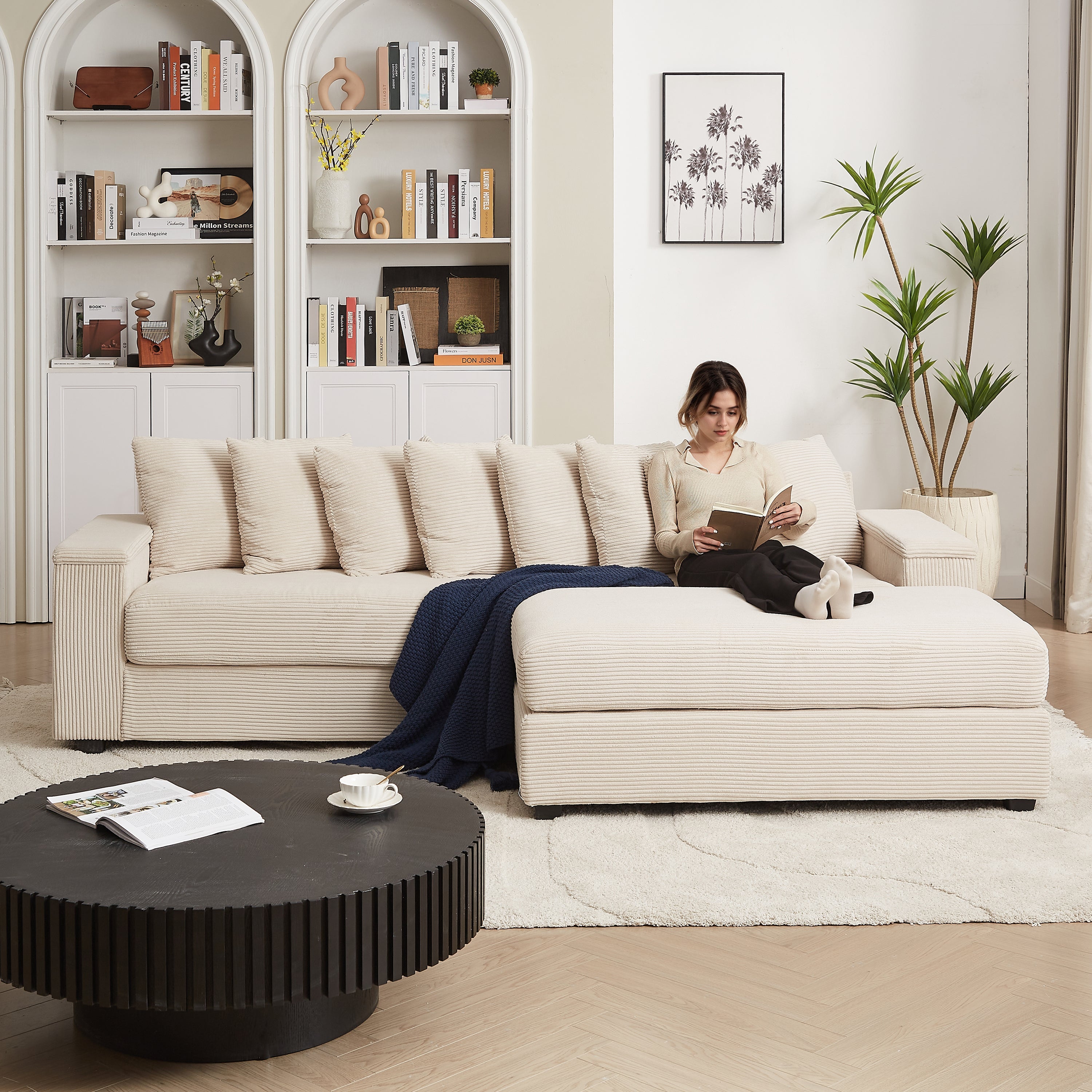Luxe Oversized L Shaped Sofa with Chaise,Comfy Corduroy L Shaped Sectional Couches with 8 Pillows and Two Armrest storage space,Soft Fluffy Upholstered Sofa Bed for Living Room Apartment Bedroom
