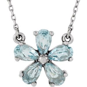 14K White Gold Natural Sky Blue Topaz Flower 16" Necklace