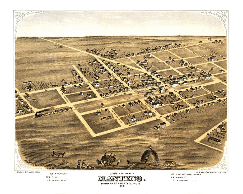 Vintage Map of Manteno, Illinois 1869