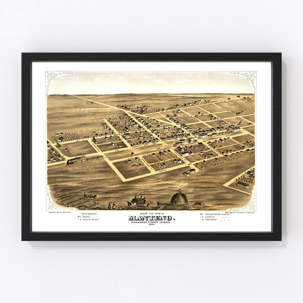Vintage Map of Manteno, Illinois 1869
