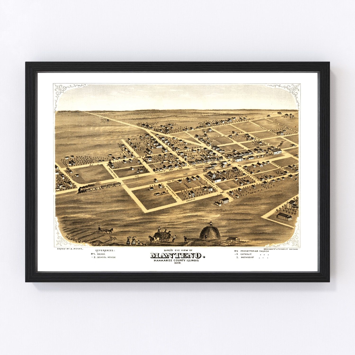 Vintage Map of Manteno, Illinois 1869
